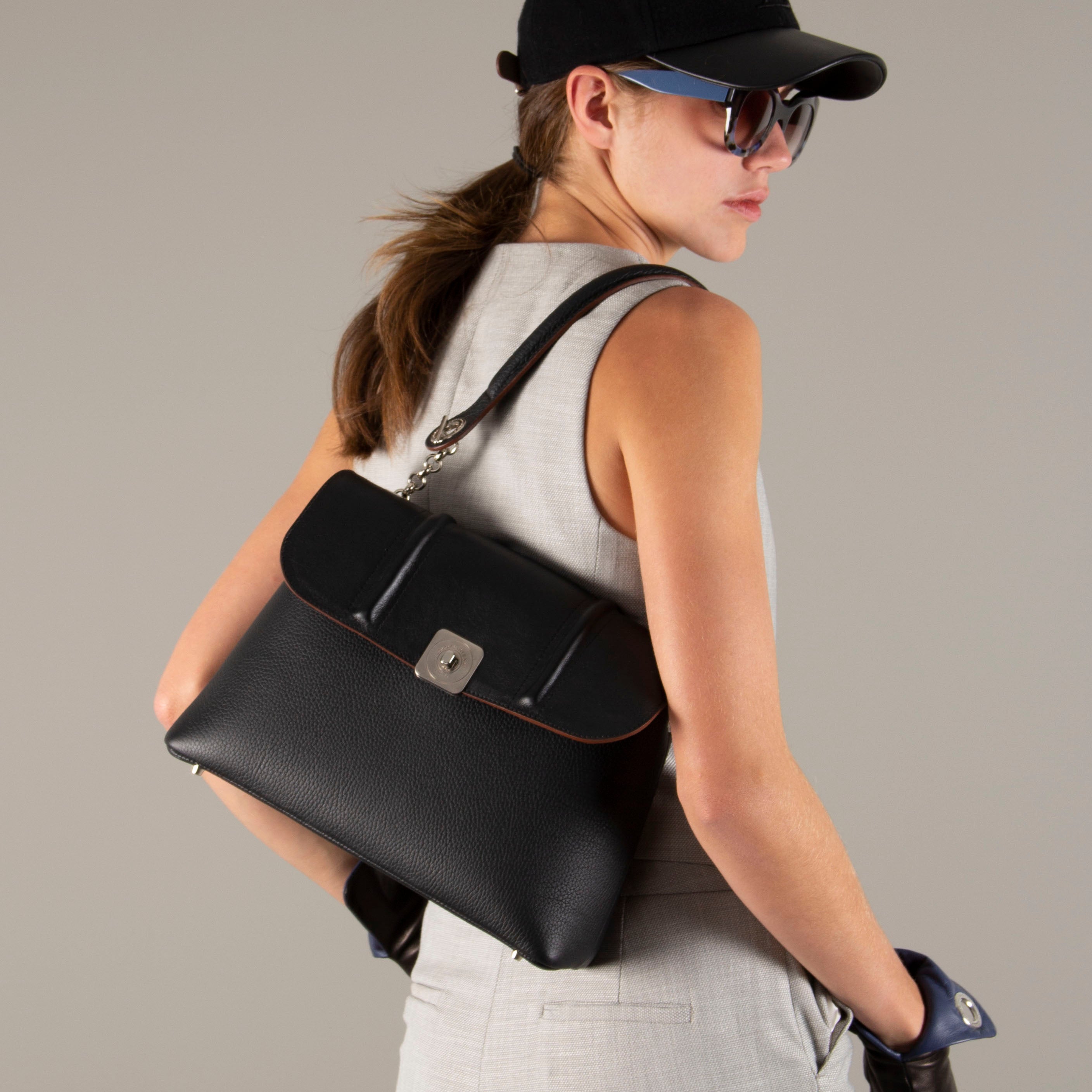 BIG Shoulder Bag - Smooth Black Flap